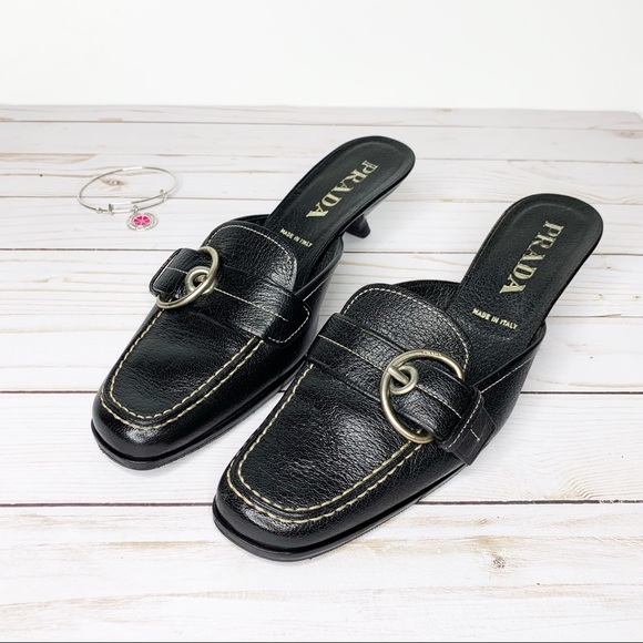 Prada Shoes - PRADA Black Leather Kitten Heel Mules Loafers